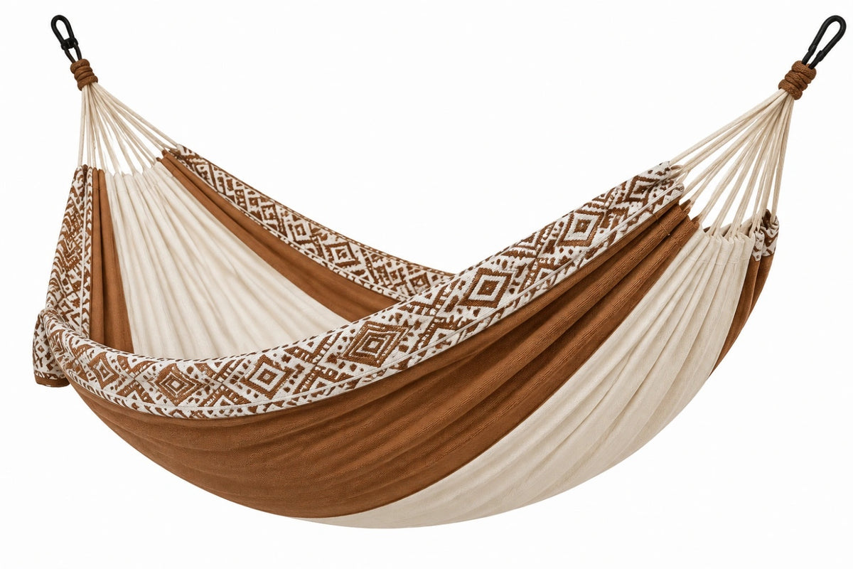 Amaca 300 x 140 cm in tessuto marrone/beige con motivo geometrico per relax