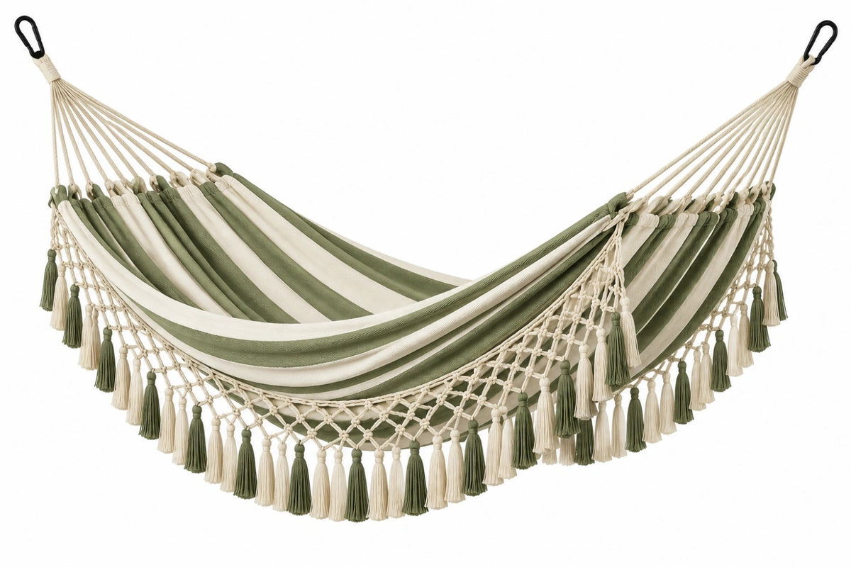 Amaca 300 x 150 cm in cotone verde e crema con frange per giardino