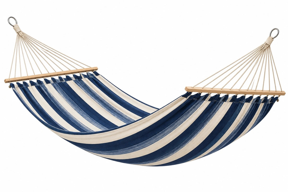 Amaca 320 x 140 cm in cotone blu e beige con barre in legno per giardino