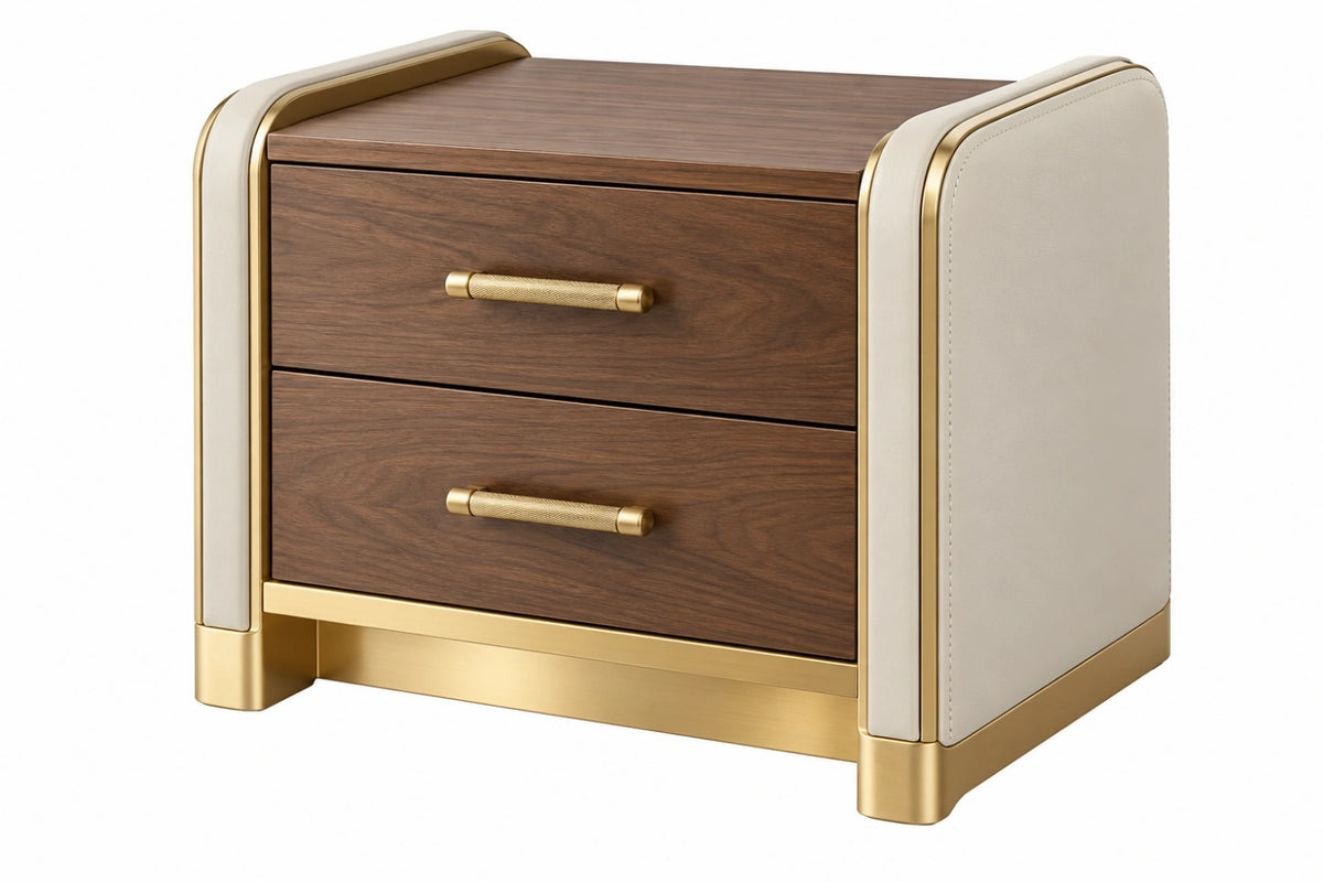 Comodino 55 x 42 x 55 cm in legno marrone e rivestimento beige con 2 cassetti stile moderno