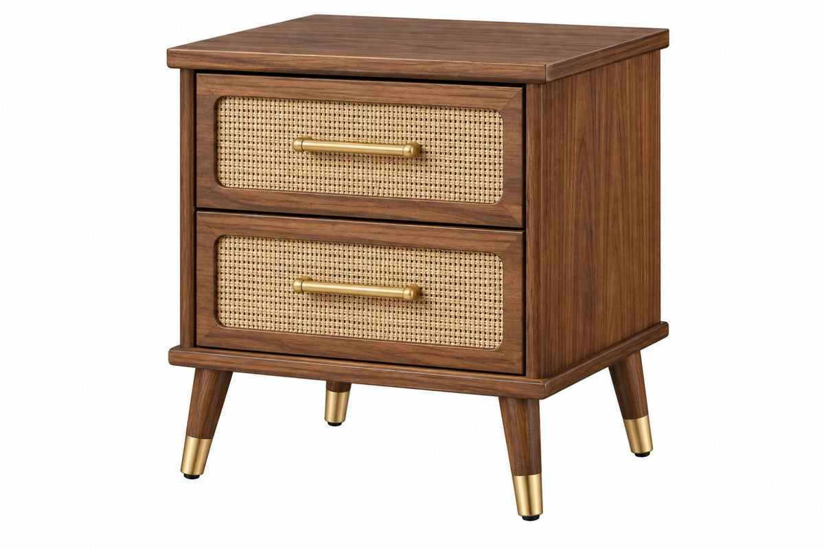 Comodino 50 x 40 x 60 cm in legno marrone con rattan - due cassetti stile retrò
