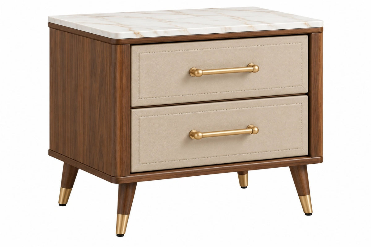 Comodino 60x45x60 cm in legno noce con cassetti in similpelle beige stile moderno