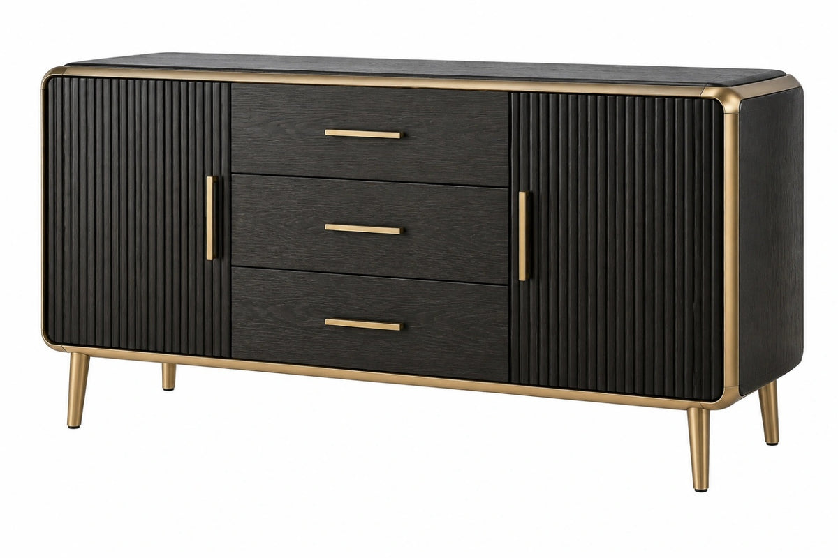 Credenza 160 x 45 x 85 cm in legno nero e metallo dorato - 3 cassetti e 2 ante stile moderno