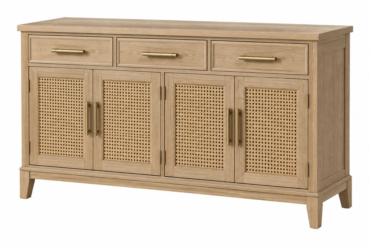 Credenza 160 x 45 x 90 cm in legno naturale e rattan - contenitore con 3 cassetti e 4 ante