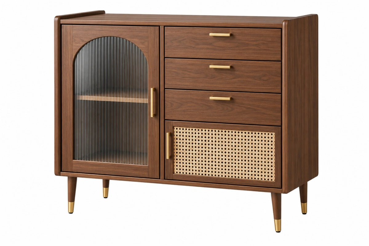 Credenza 120 x 40 x 95 cm in legno marrone con vetro scanalato e rattan - contenitore moderno