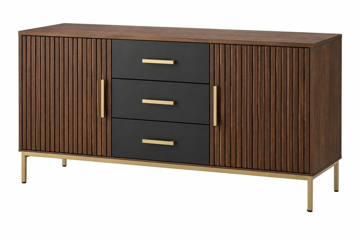Credenza 160 x 45 x 85 cm in legno marrone e nero con ante scanalate stile moderno