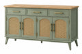Credenza 180 x 45 x 90 cm in legno verde salvia con rattan e 3 cassetti