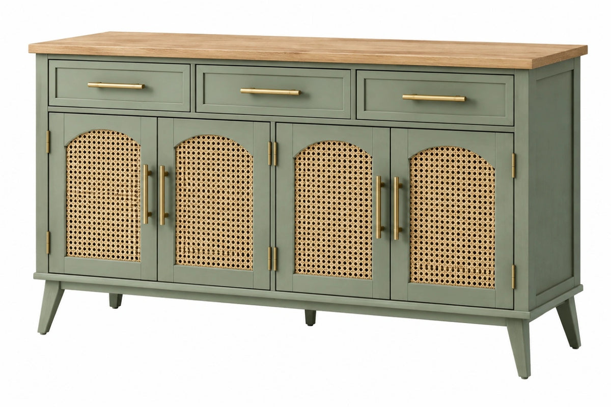 Credenza 180 x 45 x 90 cm in legno verde salvia con rattan e 3 cassetti