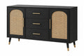 Credenza 120 x 40 x 75 cm in legno nero e rattan naturale con 3 cassetti stile retrò