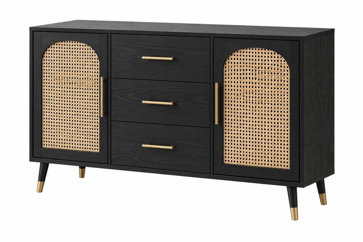 Credenza 120 x 40 x 75 cm in legno nero e rattan naturale con 3 cassetti stile retrò