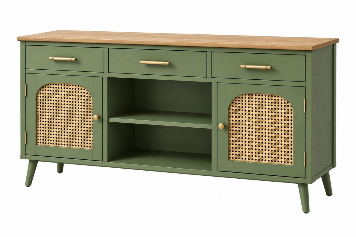 Credenza 160 x 40 x 80 cm in legno verde con ante in rattan - mobile contenitore stile retrò
