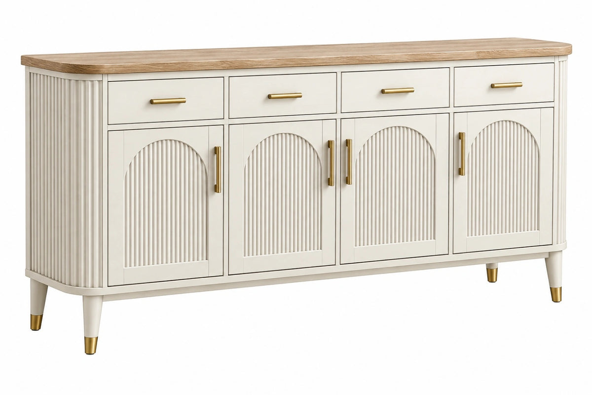 Credenza 160 cm in legno ingegnerizzato bianco e rovere con ante scanalate e cassetti