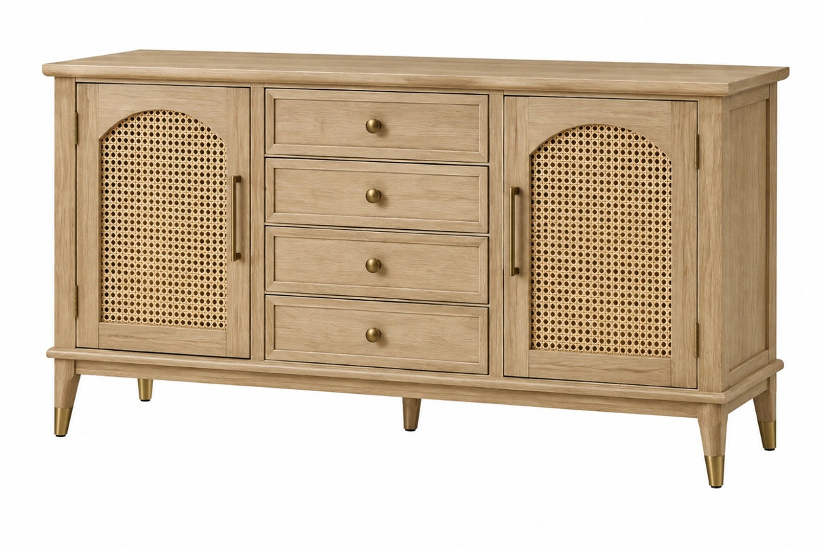 Credenza 160 x 45 x 90 cm in legno naturale e rattan con 4 cassetti e 2 ante - stile retrò