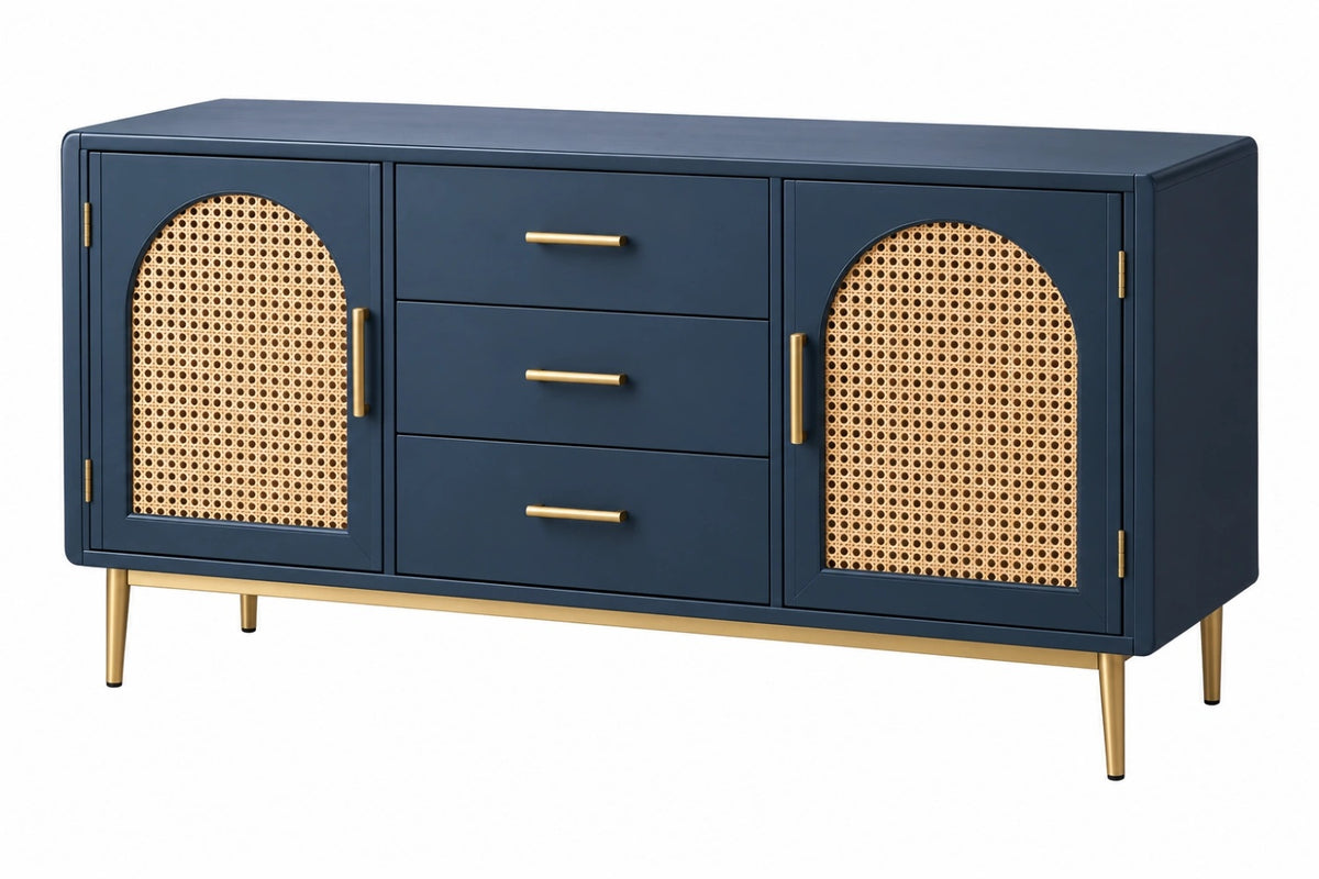 Credenza 160 x 40 x 80 cm blu navy in legno e rattan con 3 cassetti e 2 ante