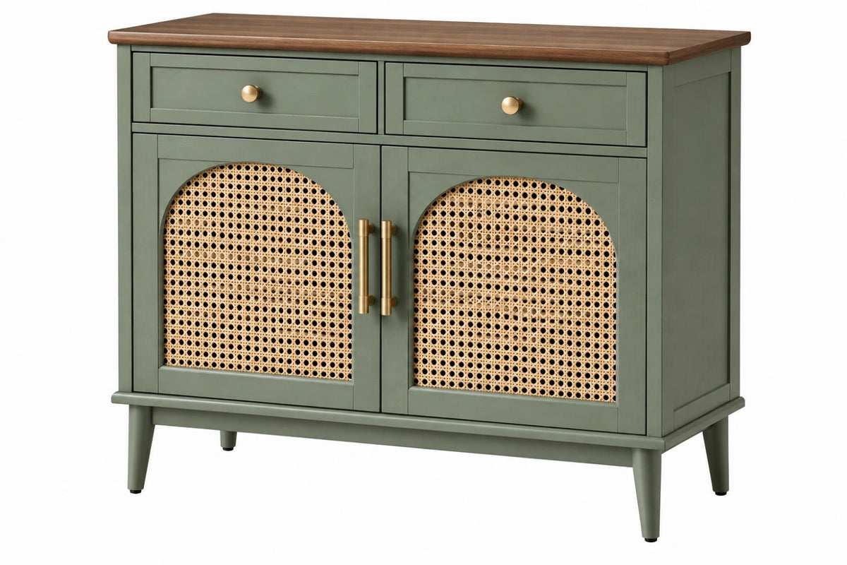 Credenza 120 x 40 x 85 cm in legno verde salvia con rattan stile retrò