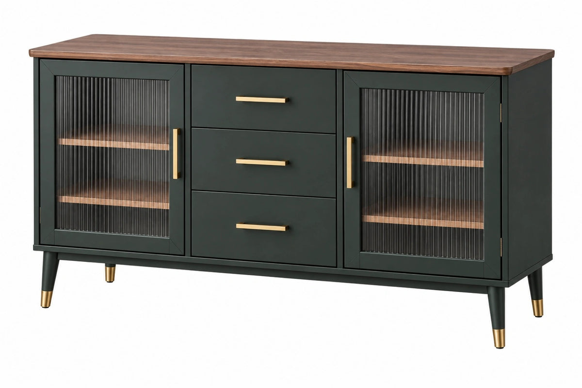 Credenza 150 x 40 x 85 cm in legno nero e noce con ante in vetro stile moderno