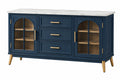 Credenza 160 x 45 x 85 cm in legno blu con ante in vetro e piano effetto marmo