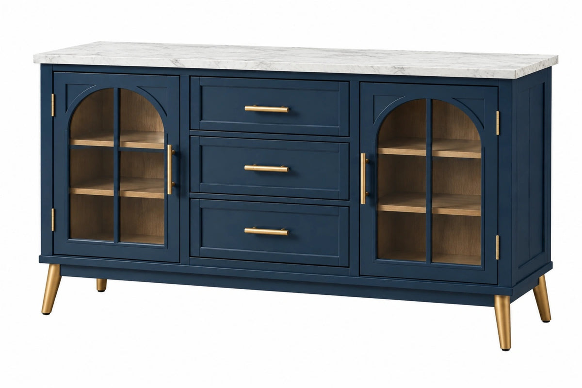 Credenza 160 x 45 x 85 cm in legno blu con ante in vetro e piano effetto marmo