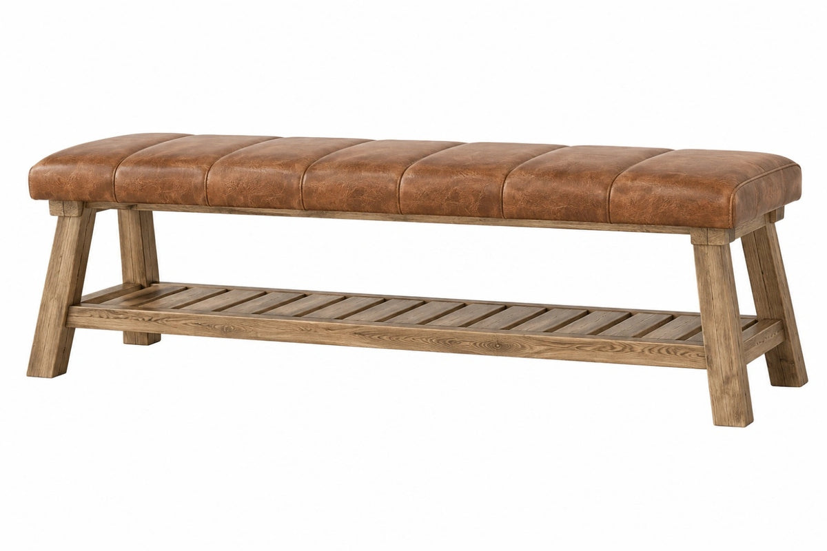 Panca da ingresso 180 x 40 x 50 cm in legno e rivestimento effetto pelle marrone - stile rustico con ripiano