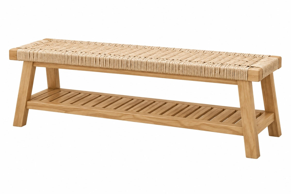 Panca 120 x 40 x 45 cm in legno naturale e corda intrecciata con ripiano stile rustico