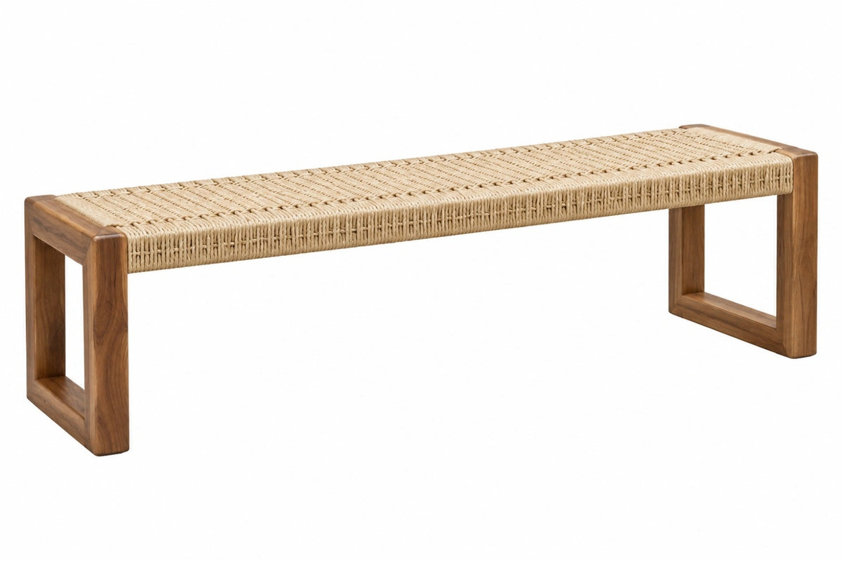 Panca 120 x 40 x 45 cm in legno e corda intrecciata marrone naturale - stile rustico per ingresso e soggiorno