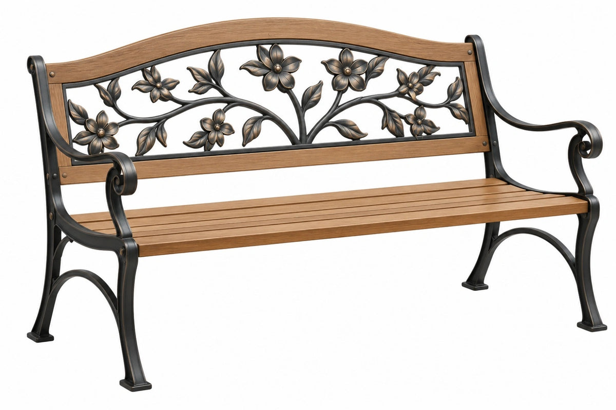 Panchina da giardino 150 x 60 x 90 cm in legno e metallo marrone/nero stile floreale