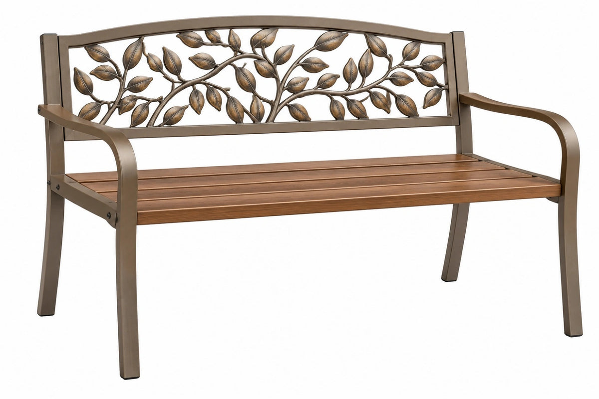 Panca da giardino 127 x 62 x 91 cm in metallo bronzo con seduta a doghe e schienale a foglie
