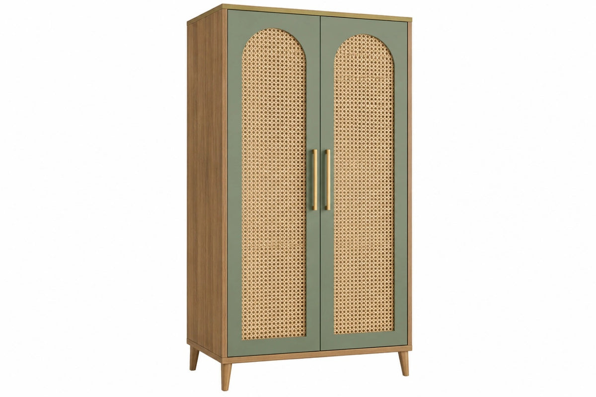 Armadio 90 x 45 x 180 cm in legno verde e rattan naturale - stile retrò a 2 ante