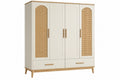 Armadio guardaroba 180 x 55 x 200 cm in legno bianco e rattan con 4 ante e 2 cassetti
