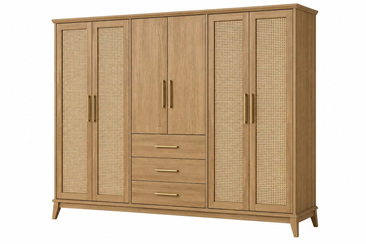 Armadio guardaroba 200 x 60 x 200 cm in legno marrone con rattan - stile naturale con cassetti