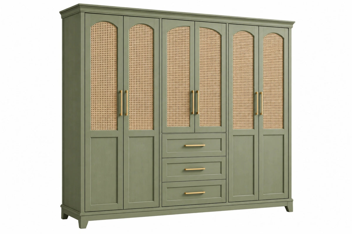 Armadio 240 x 60 x 220 cm in legno verde con inserti in rattan - 6 ante e 3 cassetti