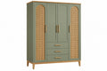 Armadio guardaroba 150 x 50 x 190 cm verde salvia in legno e rattan - stile naturale con 4 ante e 3 cassetti