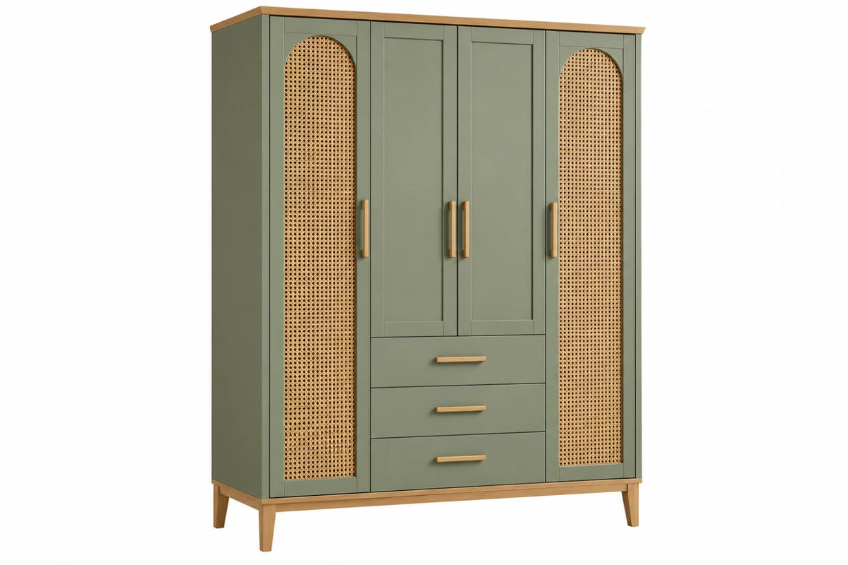 Armadio guardaroba 150 x 50 x 190 cm verde salvia in legno e rattan - stile naturale con 4 ante e 3 cassetti