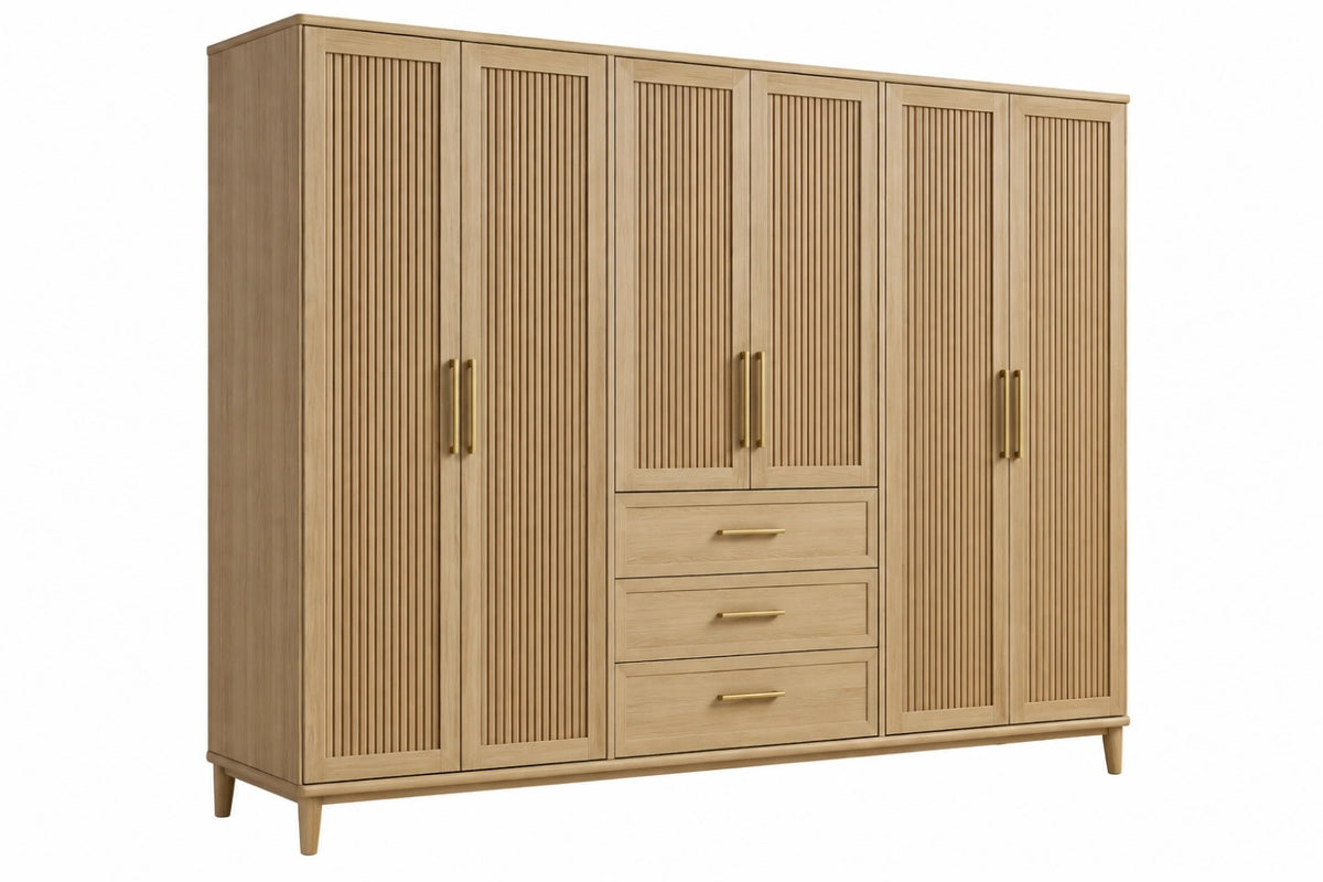 Armadio guardaroba 240 x 55 x 210 cm in legno naturale con 6 ante e 3 cassetti stile moderno