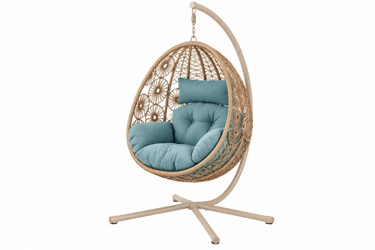 Poltrona sospesa 110 x 110 x 195 cm in rattan beige con cuscini blu - da giardino