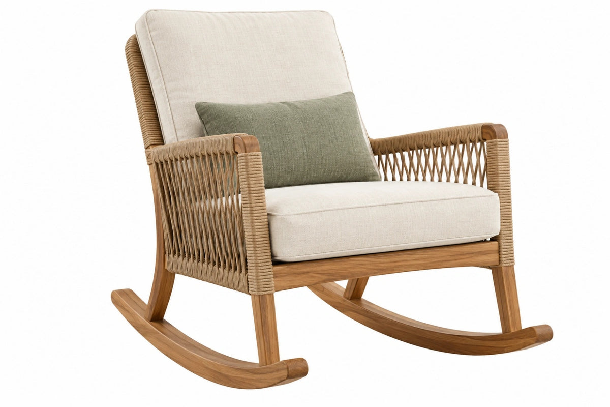 Sedia a dondolo 85 x 95 x 98 cm in legno naturale con corda beige per esterno