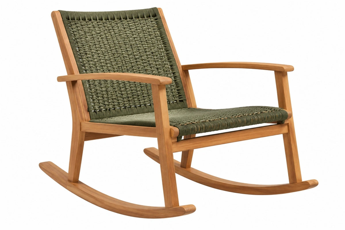 Sedia a dondolo 98 x 65 x 90 cm in legno e corda verde - stile naturale per relax