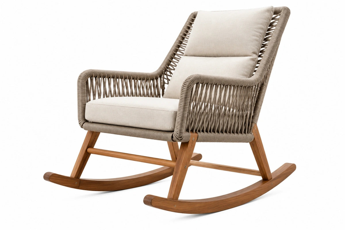 Sedia a dondolo da esterno 78 x 92 x 98 cm in legno e corda beige stile moderno