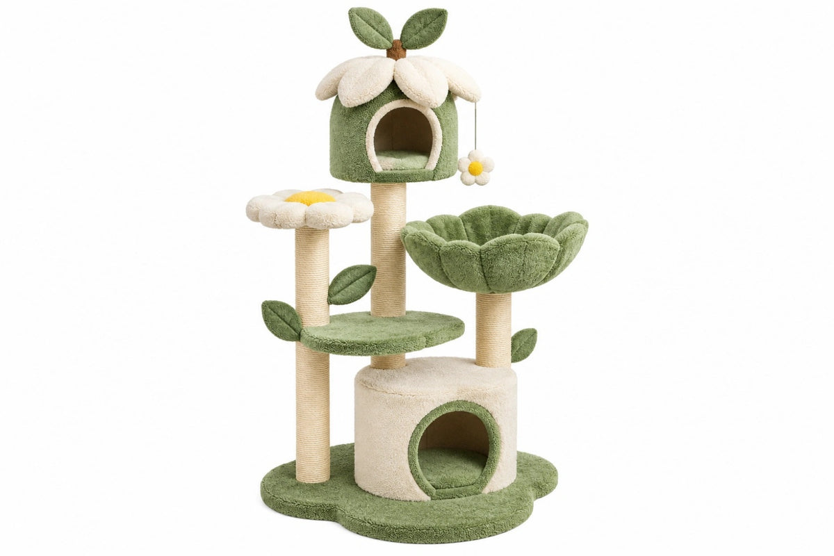 Albero tiragraffi per gatti 60 x 50 x 135 cm in peluche verde e beige con sisal - rifugio e piattaforme floreali