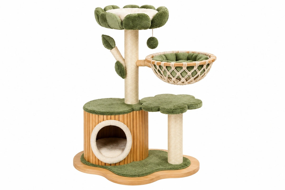Albero tiragraffi per gatti 90 x 60 x 135 cm in legno sisal e peluche verde con cuccia amaca e giochi