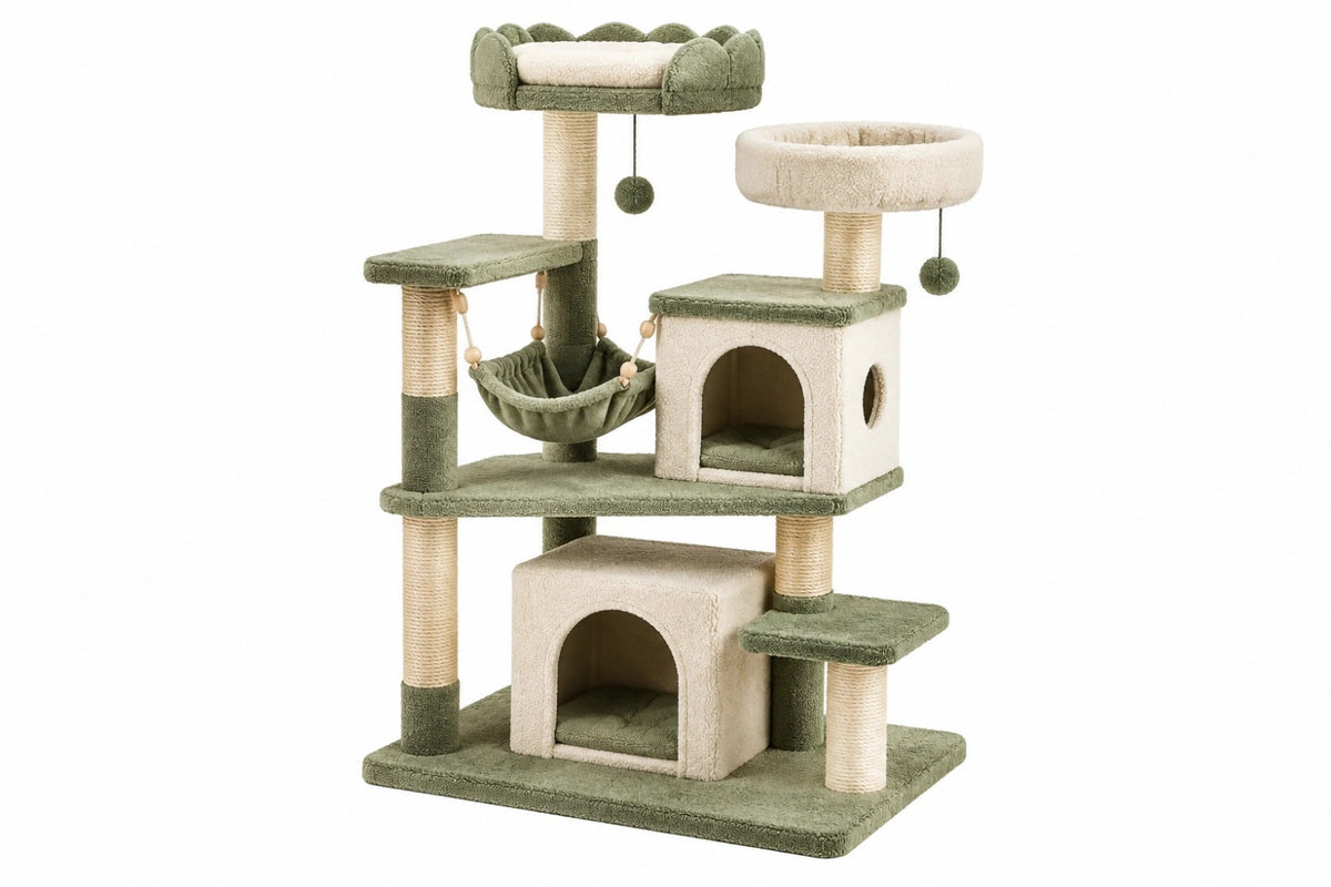 Tiragraffi per gatti 60 x 50 x 125 cm in sisal e tessuto verde beige con cucce amaca e palline