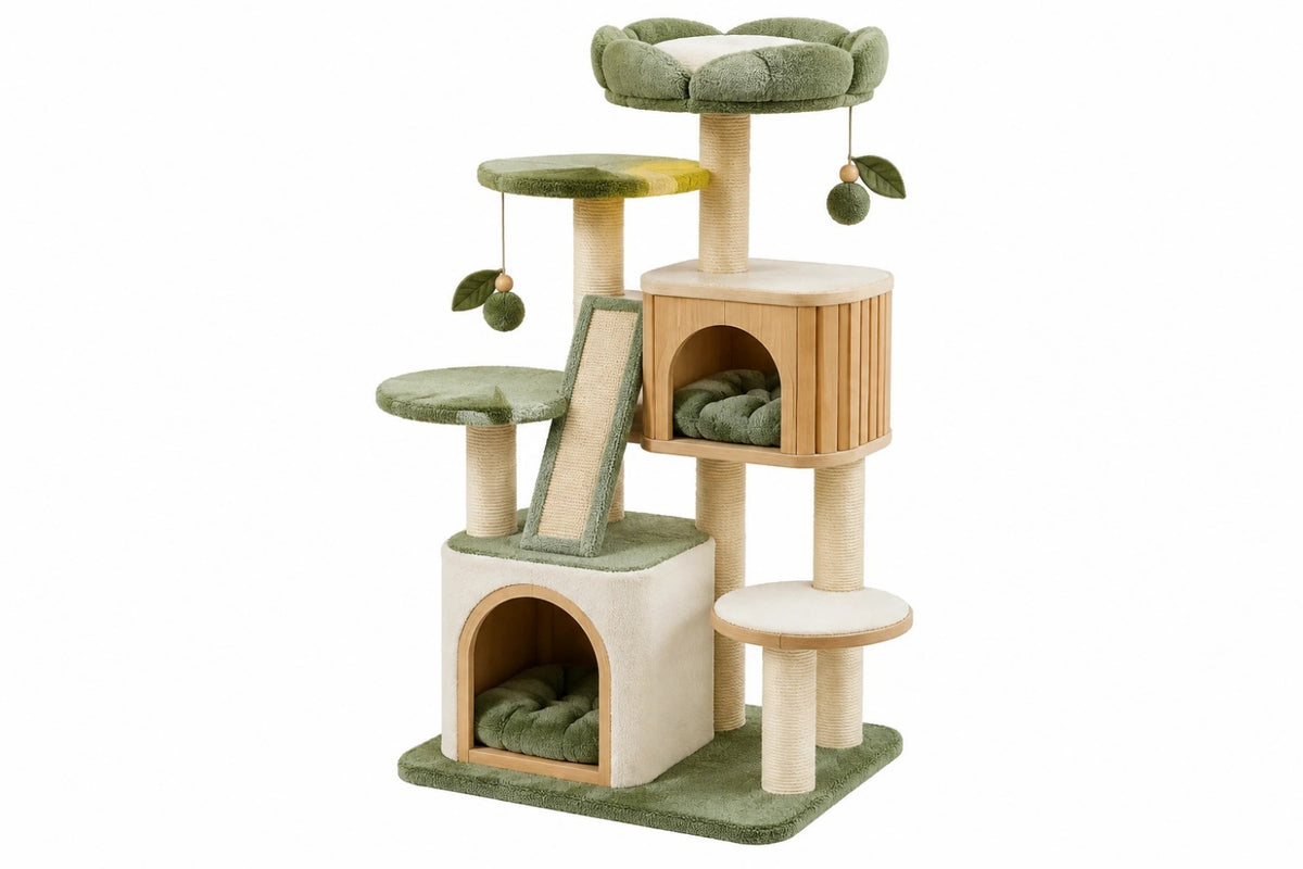 Albero tiragraffi per gatti 60 x 60 x 160 cm in legno sisal e tessuto verde - con cuccette e piattaforme