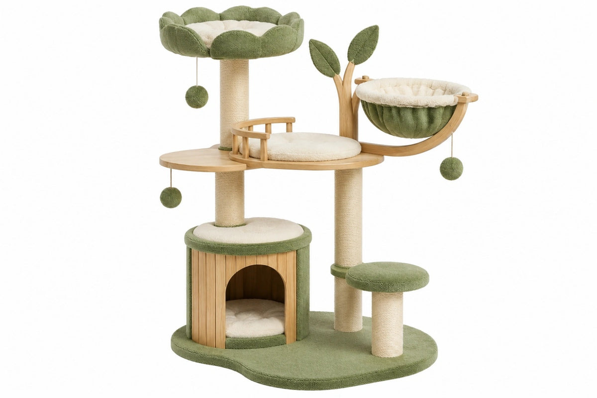 Albero tiragraffi per gatti 110 x 60 x 145 cm in legno sisal verde beige con cuccia amaca e palline