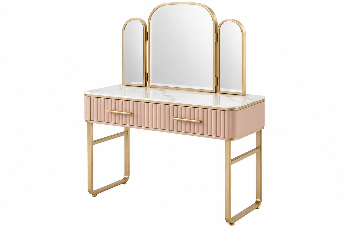 Toeletta con specchio 100 x 45 x 140 cm in metallo dorato e vetro rosa con cassetti stile moderno