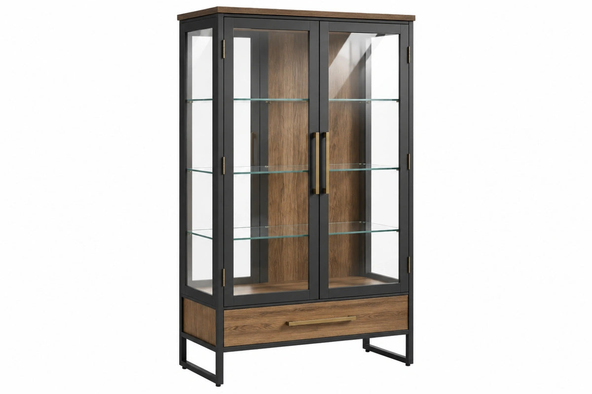 Vetrina 100 x 45 x 180 cm in vetro e metallo nero con effetto legno - stile industriale