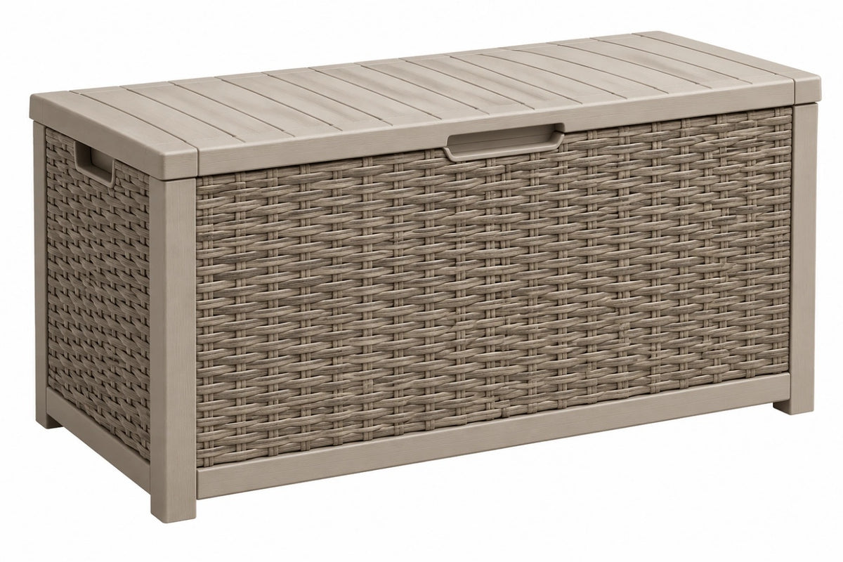 Cassapanca contenitore 123 x 54 x 58 cm in plastica tortora effetto rattan per giardino con coperchio