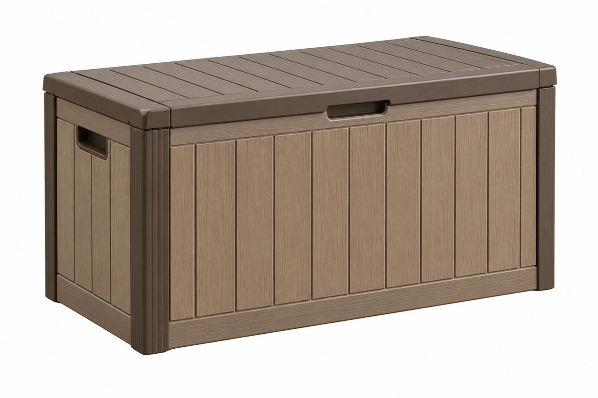 Cassapanca contenitore da esterno 120 x 60 x 63 cm in resina marrone tortora con coperchio stile moderno