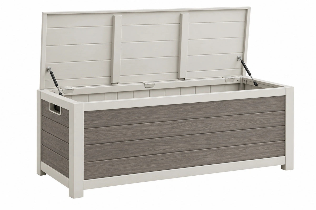 Cassapanca da esterno 150 x 75 x 75 cm in resina grigio tortora con apertura assistita