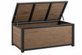 Cassapanca da esterno 120 x 65 x 61 cm in legno composito marrone e acciaio nero con coperchio sollevabile stile moderno