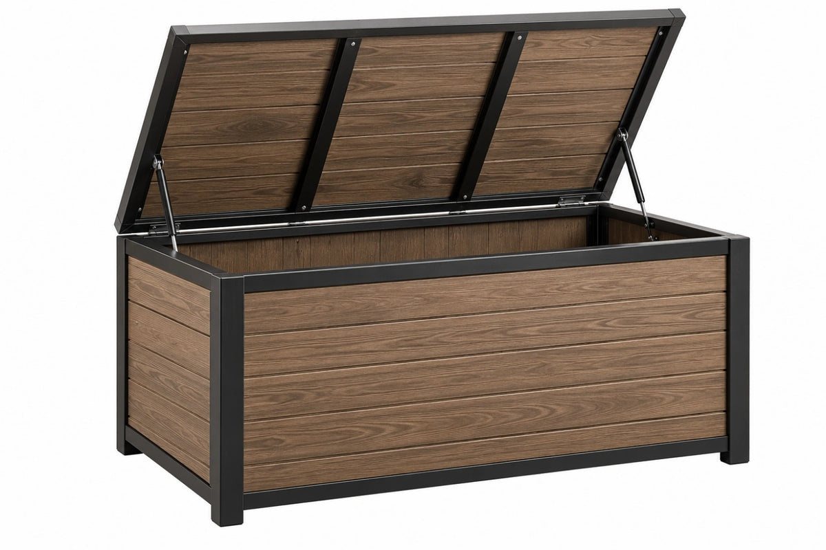 Cassapanca da esterno 120 x 65 x 61 cm in legno composito marrone e acciaio nero con coperchio sollevabile stile moderno